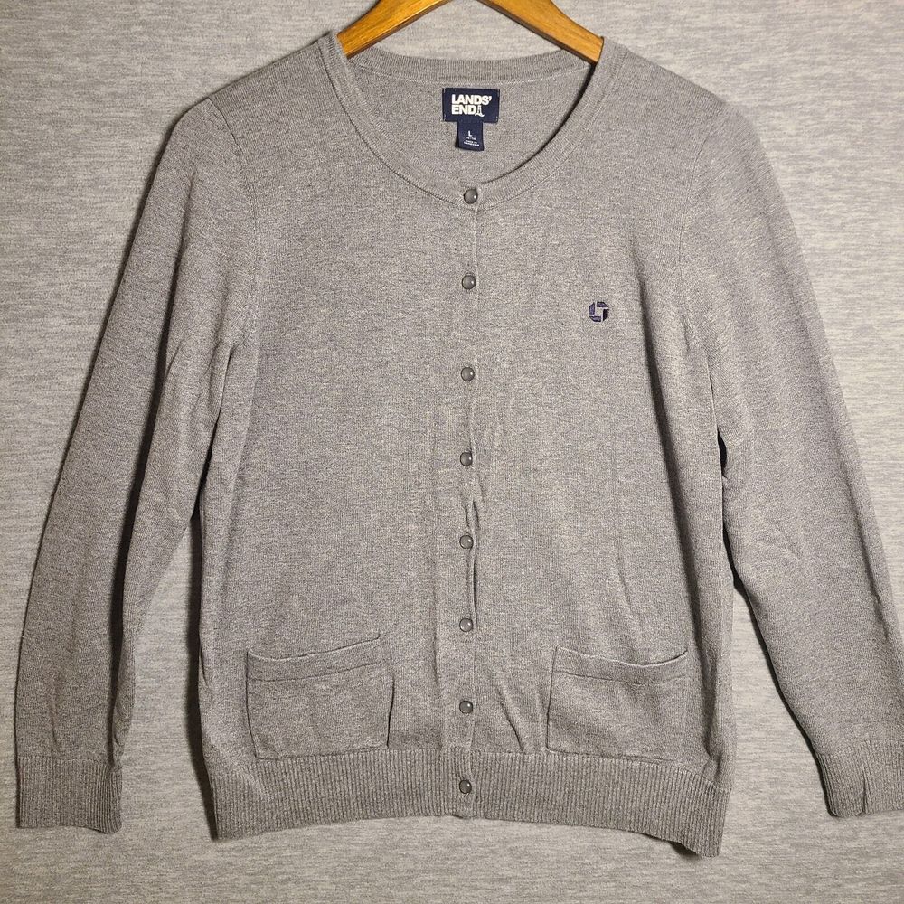 Lands End Sweater Cardigan Womens Large Gray 3/4 Sleeve Button Down Clasp